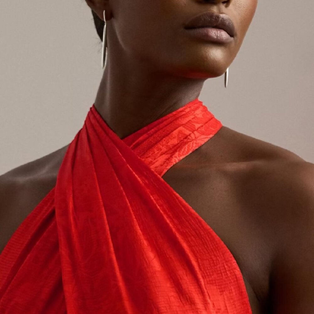 Belted Floral Jacquard Halter Gown - Picture 8 of 9